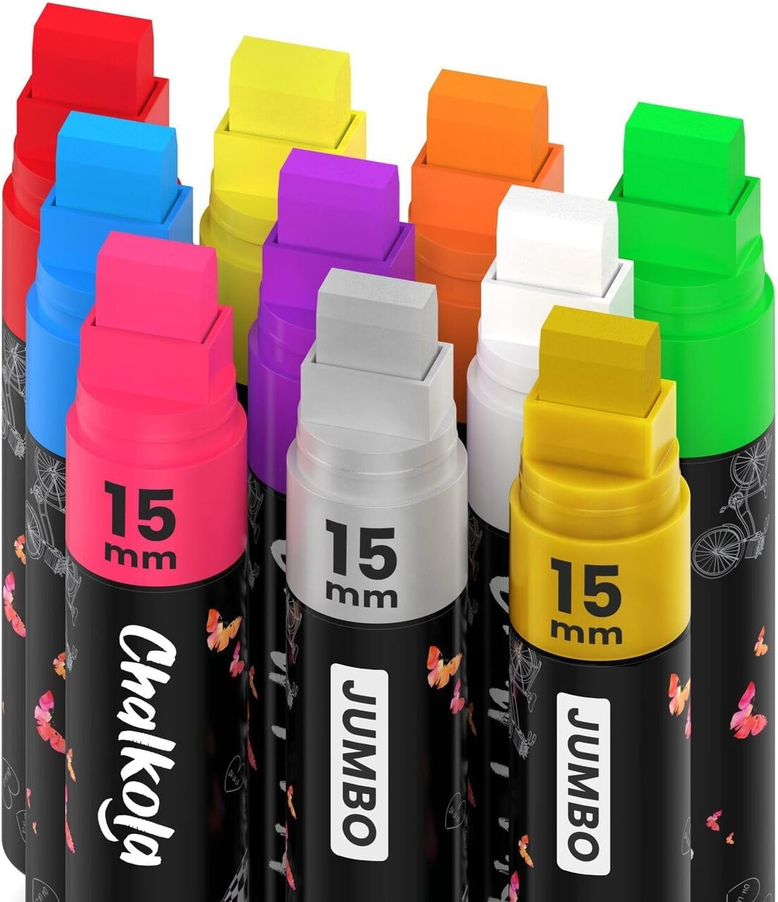 Neon Car Window Markers - 10 Chalk Pens (With Gold, Silver) - 3 in 1 Nib, 15Mm Jumbo Tip - Washable Liquid Chalk Markers for Blackboard, Chalkboard, Glass, Cars - Erasable Wet Erase Markers
